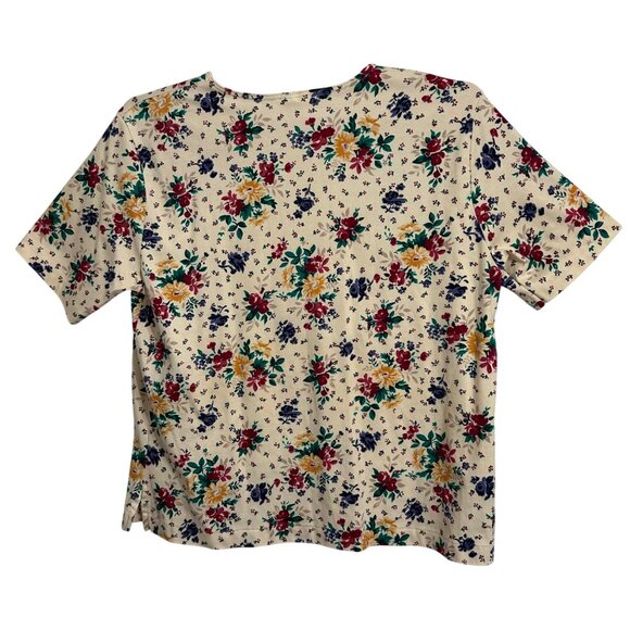 Lands End Womens Floral Cotton Short Sleeve Top XL Cream Multicolor Cottagecore - Picture 2 of 6